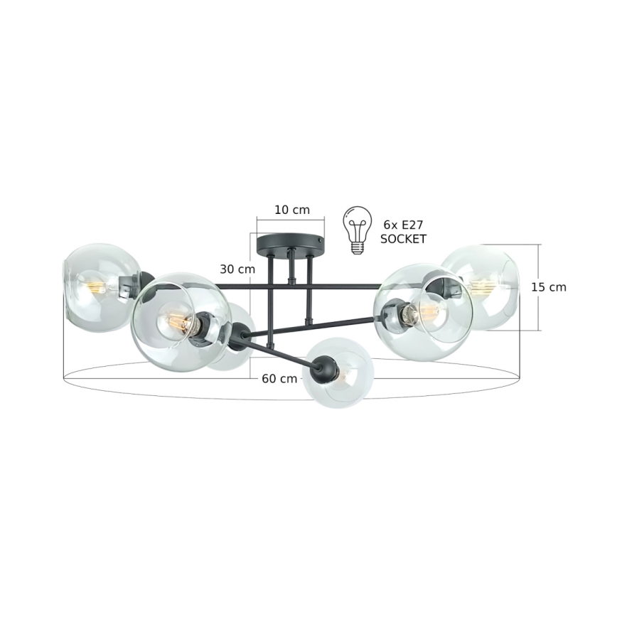 Ripplühter VASCO 6xE27/60W/230V must/läbipaistev