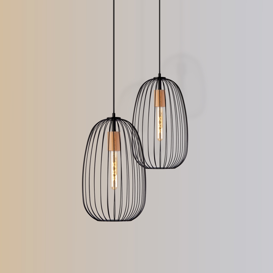 Rippvalgusti juhtmel OVELLA 1xE27/15W/230V, Ø 25 cm, must/männipuit