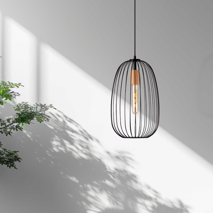 Rippvalgusti juhtmel OVELLA 1xE27/15W/230V, Ø 25 cm, must/männipuit