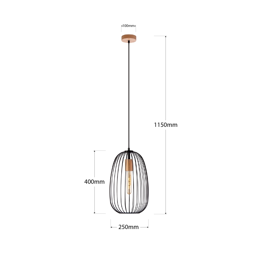 Rippvalgusti juhtmel OVELLA 1xE27/15W/230V, Ø 25 cm, must/männipuit