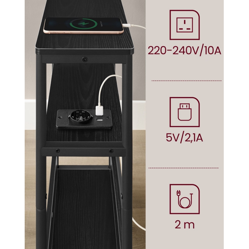 ROD külglaud – must, sisseehitatud elektripistikuga ja USB-portidega