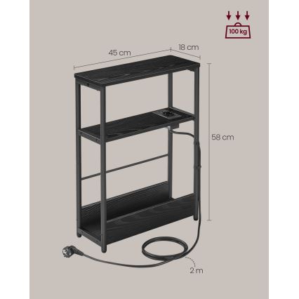 ROD külglaud – must, sisseehitatud elektripistikuga ja USB-portidega