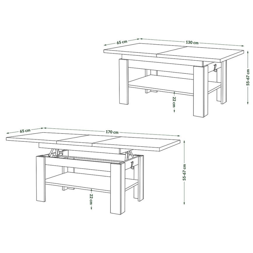 ROY laiendatav kohvi-/söögilaud tõstetava lauaplaadiga, must