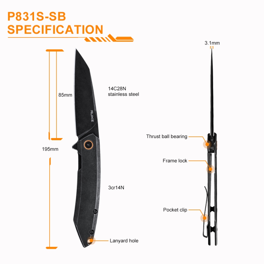 Ruike RUP831SSB - Kokkupandav kompaktne nuga 19,5 cm must