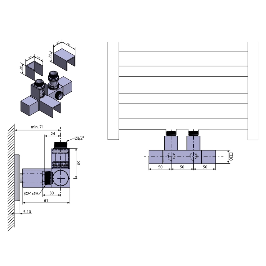 Sapho - CUBE TWIN keskmise ühendusega ühendusventiilide komplekt, läikiv kroom