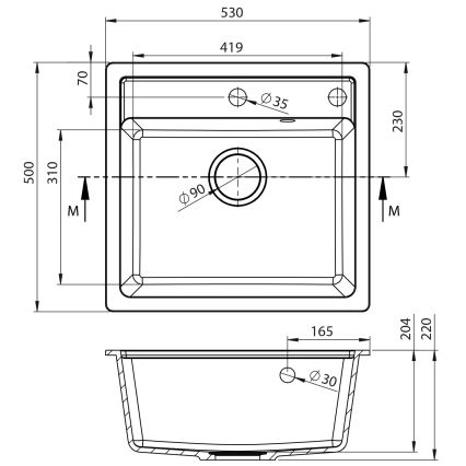 Sapho - köögivalamu 53x50 cm graniit/must