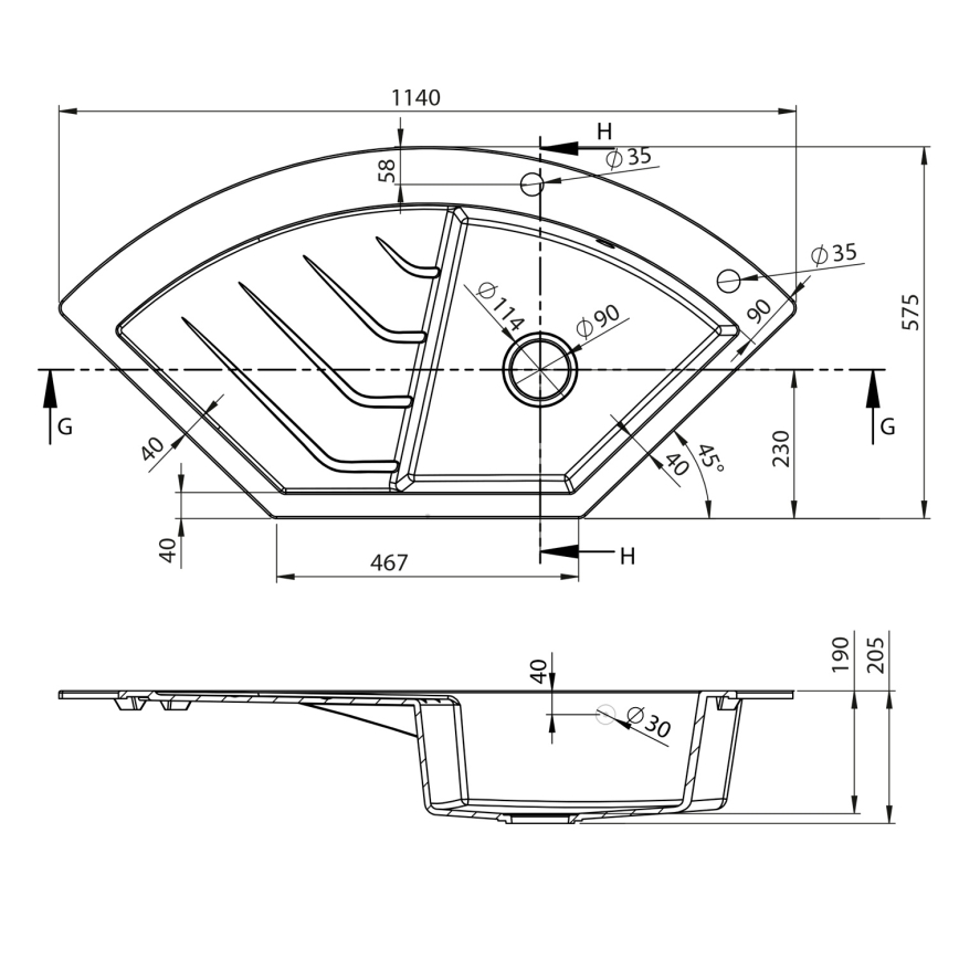 Sapho - Nurgaköögivalamu 114x57,5 cm graniit/must
