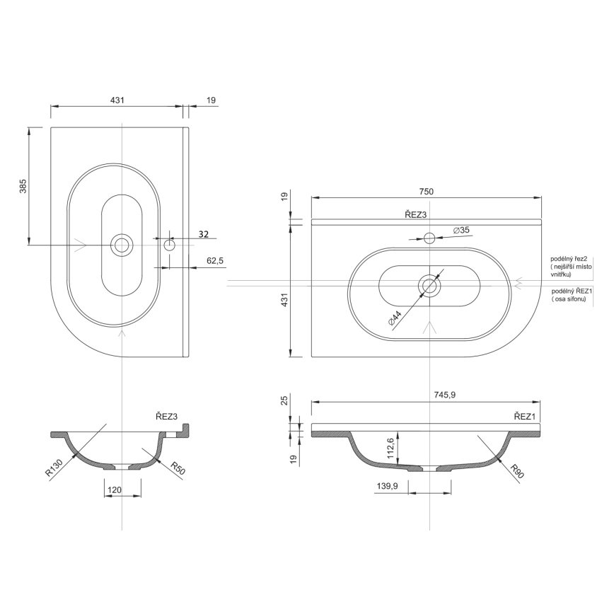 Sapho - Nurgasisseehitatav valamu PULSE 75x43 cm marmor/valge