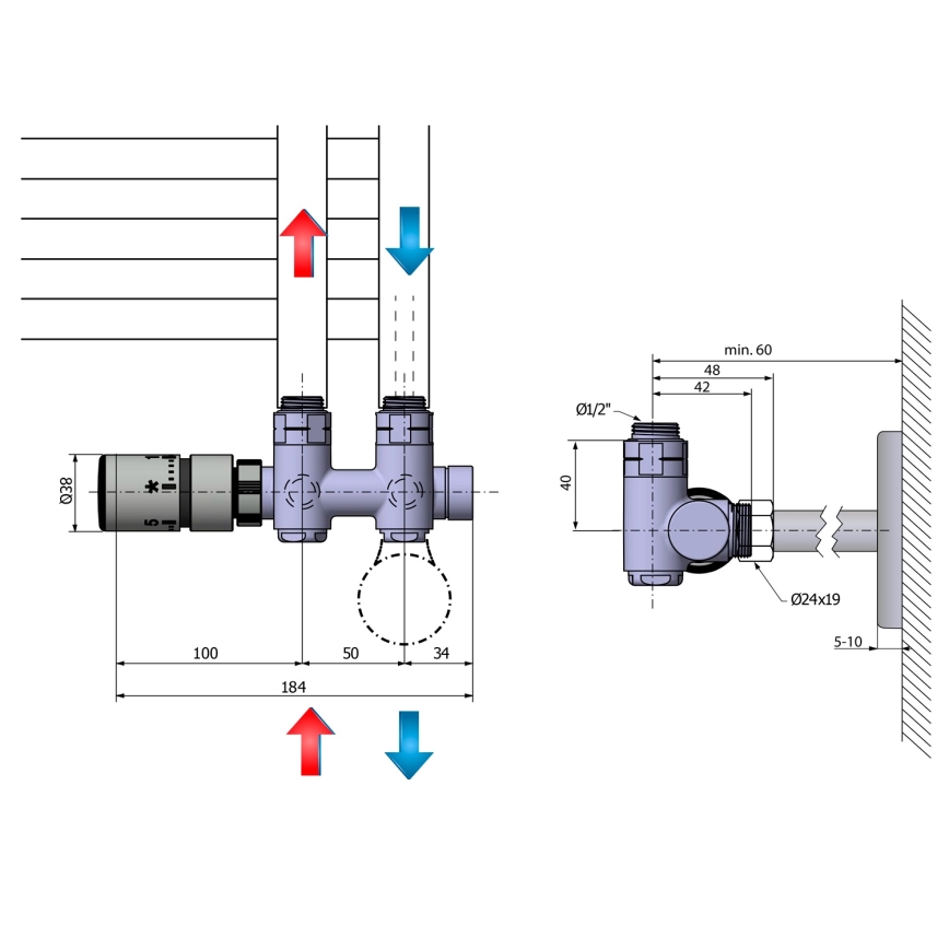 Sapho - termostaatiline ühenduskomplekt keskühendusega TWIN COMBI vasakpoolne/matt roostevaba teras