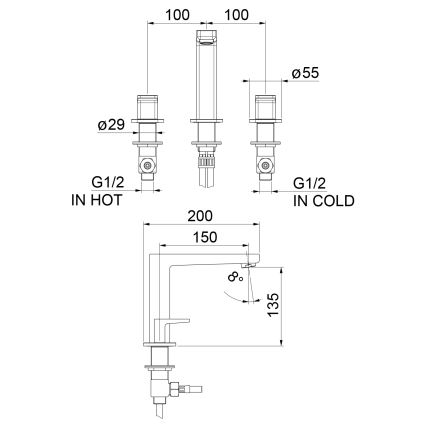 Sapho - TURSI 3-auguline valamu segisti, läikiv kroom