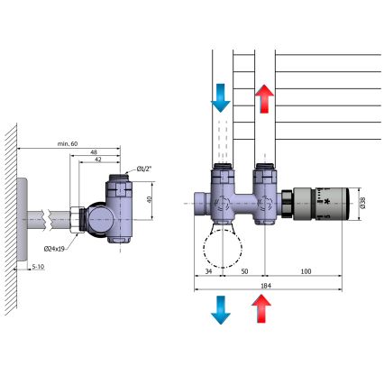 Sapho - termostaatne ühenduskomplekt keskühendusega TWIN COMBI, parempoolne/matt roostevaba teras