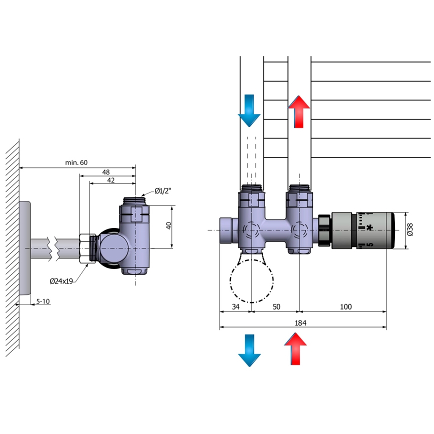 Sapho - termostaatne ühenduskomplekt keskühendusega TWIN COMBI, parempoolne/matt roostevaba teras