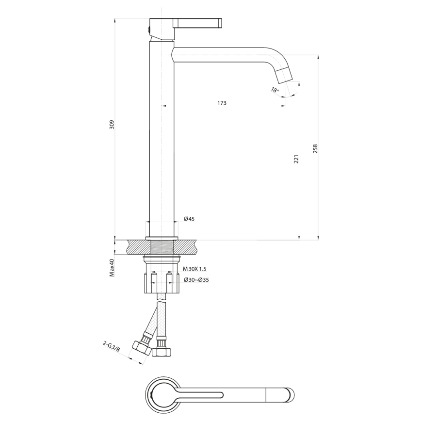 Sapho - Valamu kraan ICONIC 30,9 cm matt must