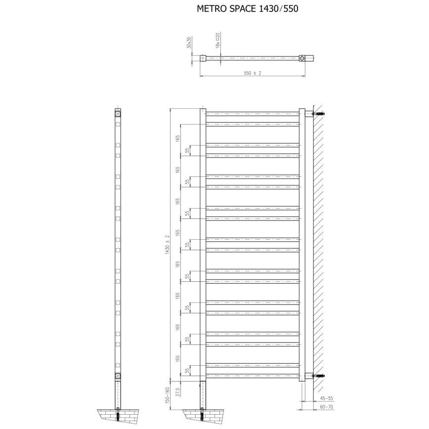 Sapho - Vannitoa radiaator METRO SPACE 525W 55x143 cm matt must