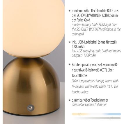 Schöner Wohnen 19218-12 - RUDI laetav, puutetundlik ja hämardatav LED-laualamp LED/1,2W/5V 3000-6000K 1200 mAh kuldne