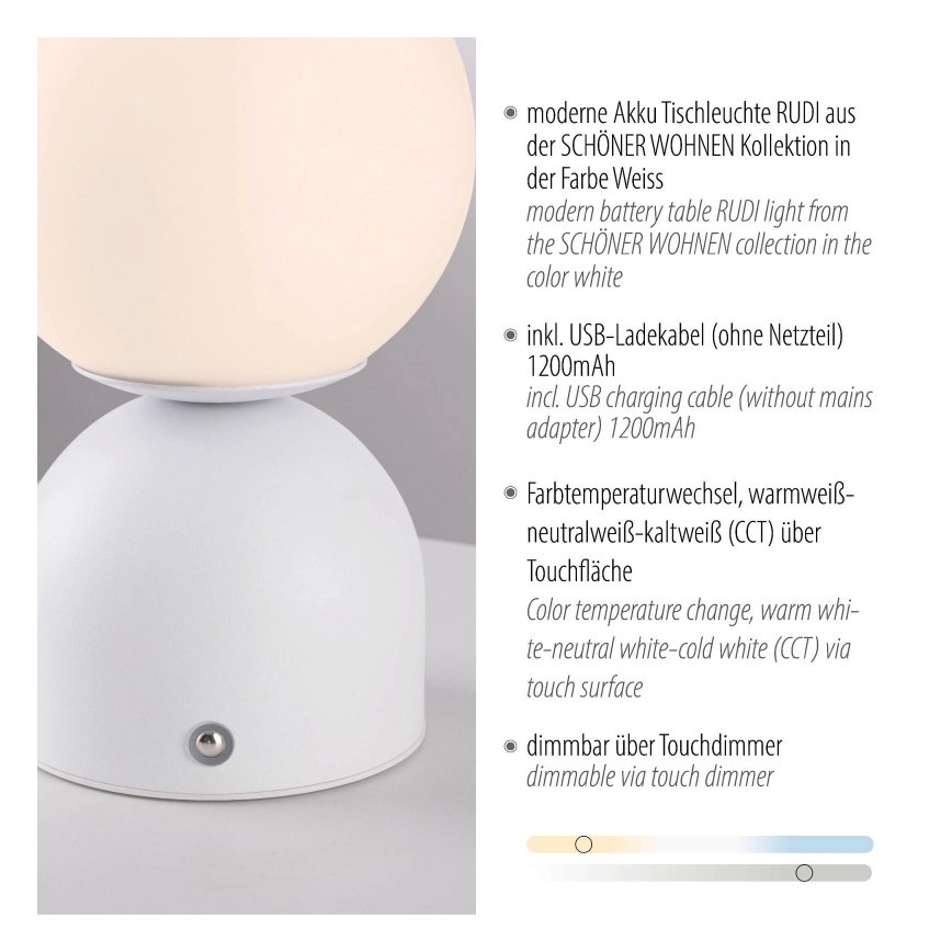 Schöner Wohnen 19218-16 - LED hämardatav puutetundlik laetav laualamp RUDI LED/1,2W/5V 3000-6000K 1200 mAh valge