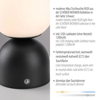 Schöner Wohnen 19218-18 - RUDI puutetundlik hämardatav laetav LED-laualamp LED/1,2W/5V 3000-6000K 1200 mAh must