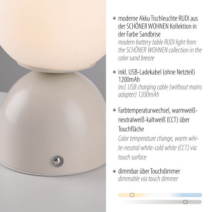 Schöner Wohnen 19218-39 - hämardatav puutetundlik laetav LED-laualamp RUDI LED/1,2W/5V 3000-6000K 1200 mAh hall