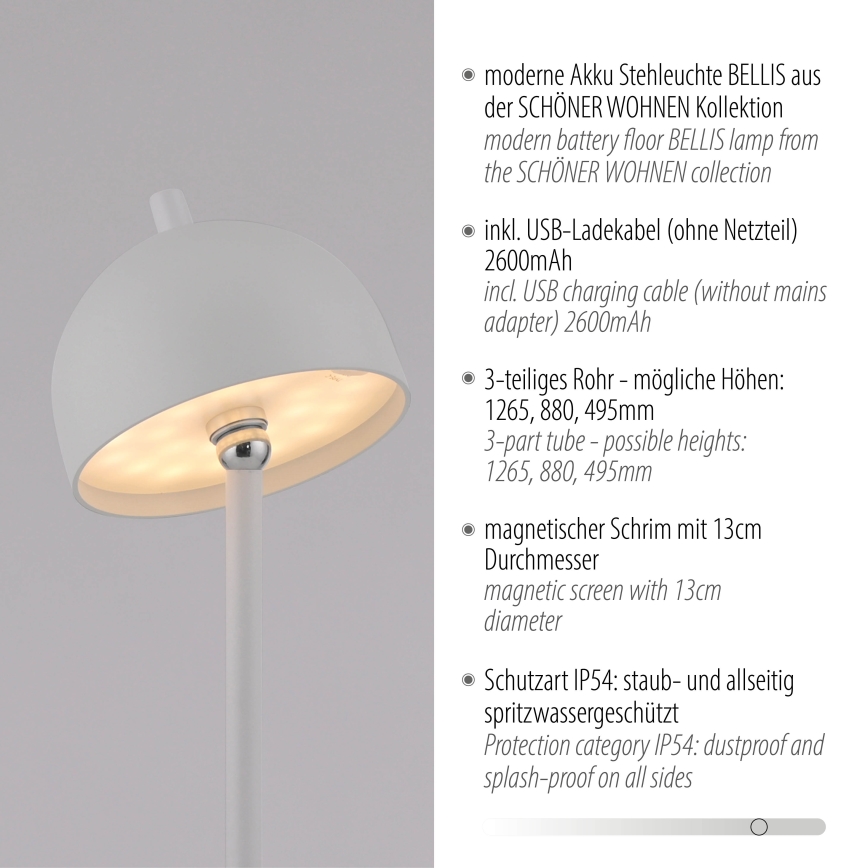 Schöner Wohnen 19245-16 - LED puutetundlik hämardatav laetav välitingimustes kasutatav põrandalamp BELLIS LED/2,5W/5V 2600 mAh IP54 valge