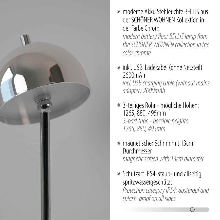 Schöner Wohnen 19245-17 - LED hämardatav puutetundlik laetav välipõrandalamp BELLIS LED/2,5W/5V 2600 mAh IP54 läikiv kroom