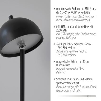 Schöner Wohnen 19245-18 - LED hämardatav puutejuhtimisega laetav välitingimustele mõeldud põrandalamp BELLIS LED/2,5W/5V 2600 mAh IP54 must