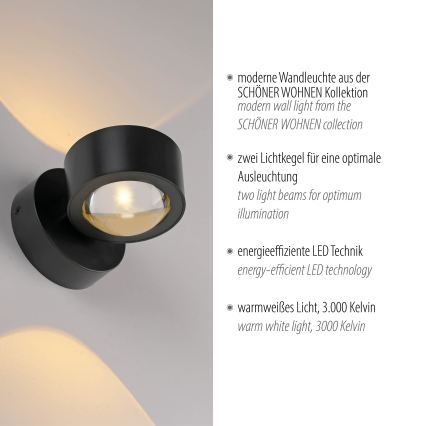 Schöner Wohnen 19331-18 - LED seinavalgusti CHIA 2xLED/2W/230V must