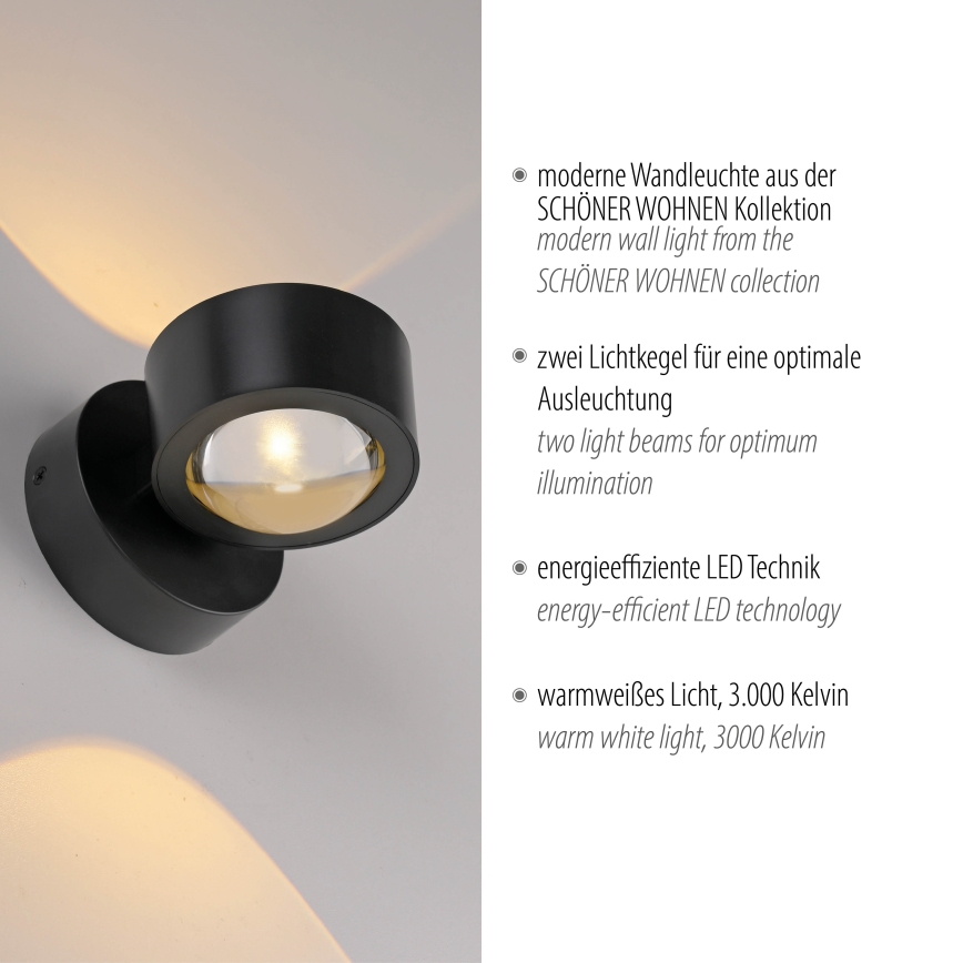 Schöner Wohnen 19331-18 - LED seinavalgusti CHIA 2xLED/2W/230V must