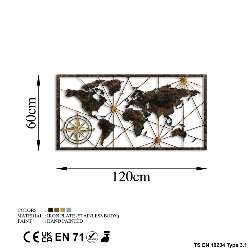Seinakaunistus 120x60 cm maailmakaart metall