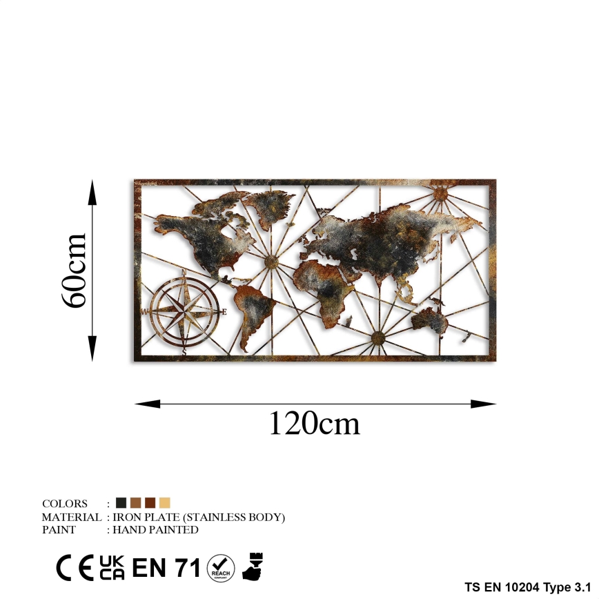 Seinakaunistus 120x60 cm maailmakaart metall