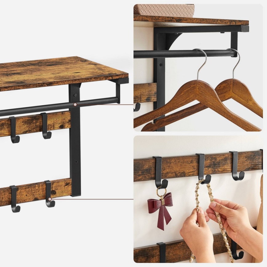 Seinale kinnitatav riidenagi riiuliga NATE pruun/must