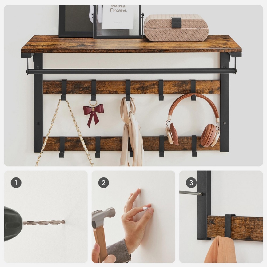 Seinale kinnitatav riidenagi riiuliga NATE pruun/must