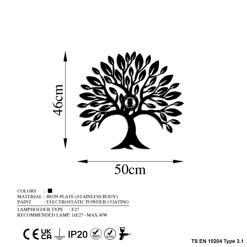 Seinavalgusti HEART TREE 1xE27/40W/230V, must