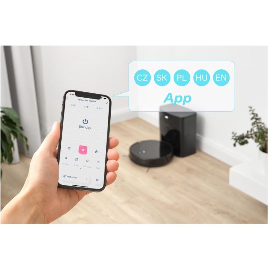 Sencor - Robottolmuimeja mopiga 2-ühes 16W/2600 mAh Wi-Fi must + kaugjuhtimispult