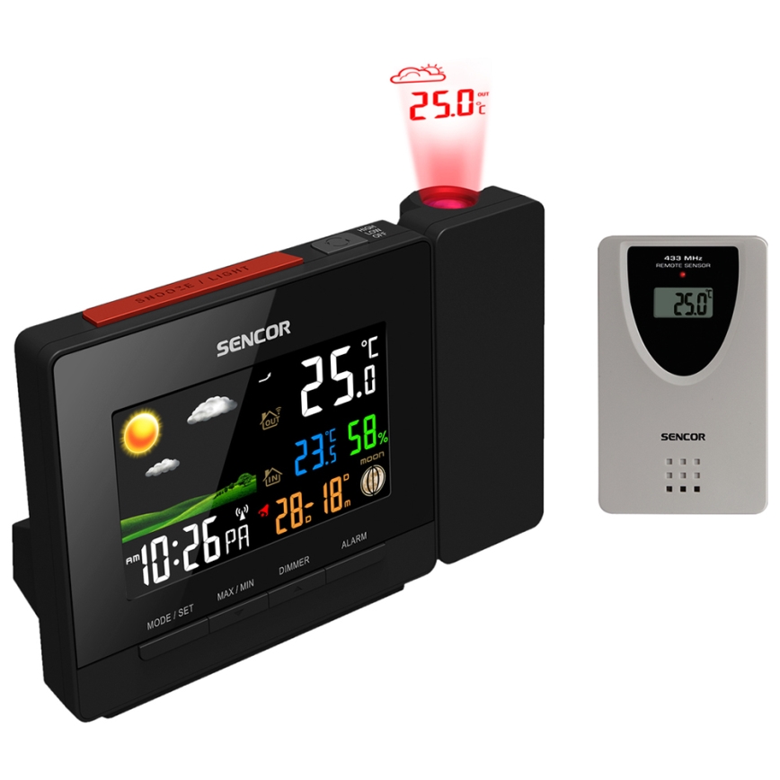 Sencor - Ilmajaam koos värv LCD display, äratuskell ja projektor 2xAA + 2xAAA