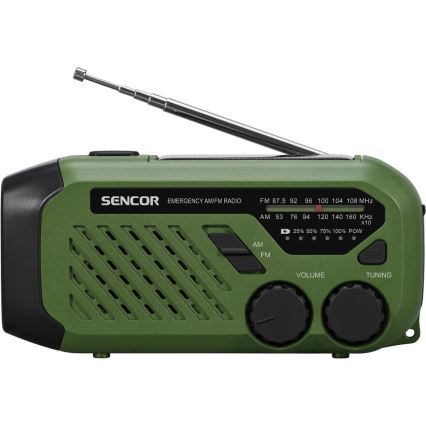 Sencor - telkimisraadio käepöörisega, päikesepaneeliga ja LED-taskulambiga 5V/2000 mAh IPX4 roheline
