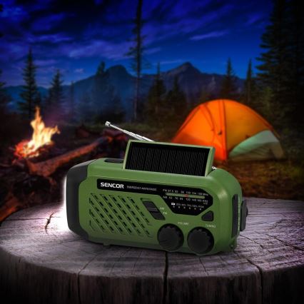 Sencor - Matkaraadio koos päikesepaneeliga ja LED Taskulamp käepideme ja magnetiga 5V/2000 mAh IPX4 roheline