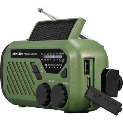 Sencor - Matkaraadio koos päikesepaneeliga ja LED Taskulamp käepideme ja magnetiga 5V/2000 mAh IPX4 roheline