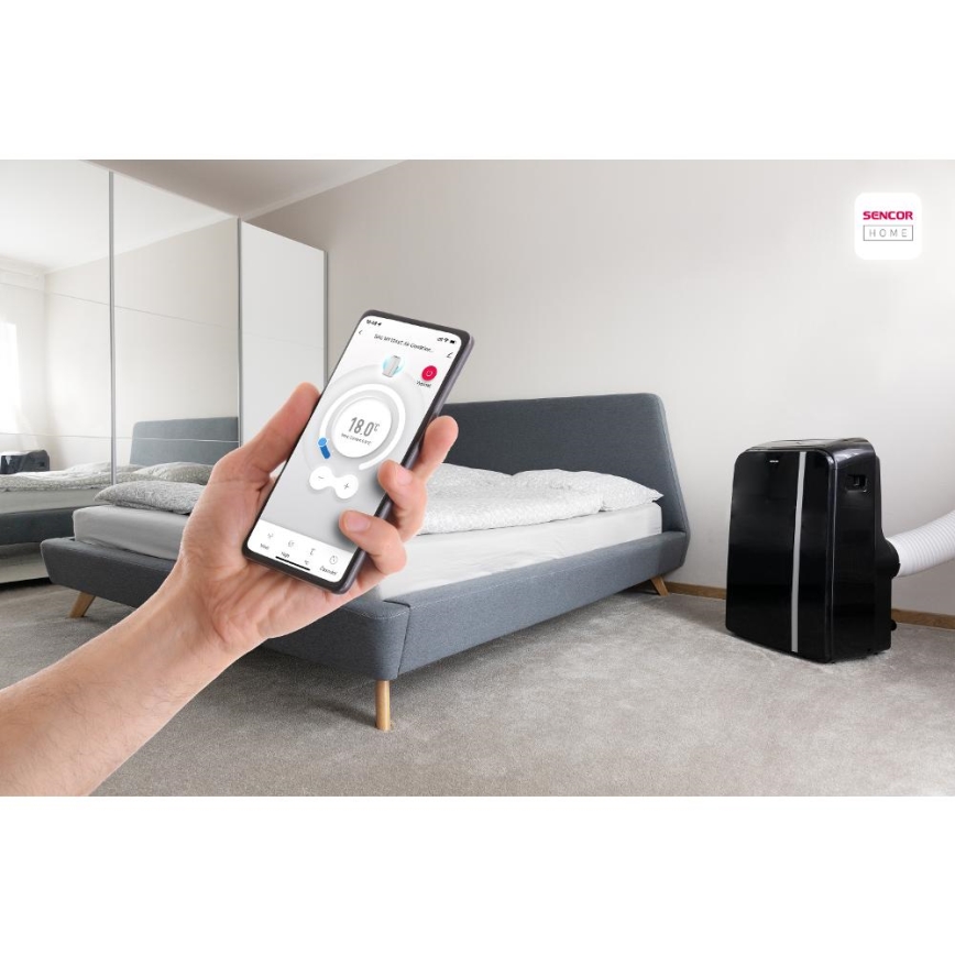 Sencor - Nutikas mobiilne konditsioneer 3-ühes, sh täielik tarvikutekomplekt 1450W/230V 12000 BTU Wi-Fi must + kaugjuhtimispult