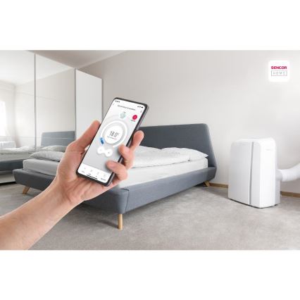 Sencor - Nutikas mobiilne konditsioneer 3-ühes, sh täielik tarvikutekomplekt 1450W/230V 12000 BTU Wi-Fi valge + kaugjuhtimispult