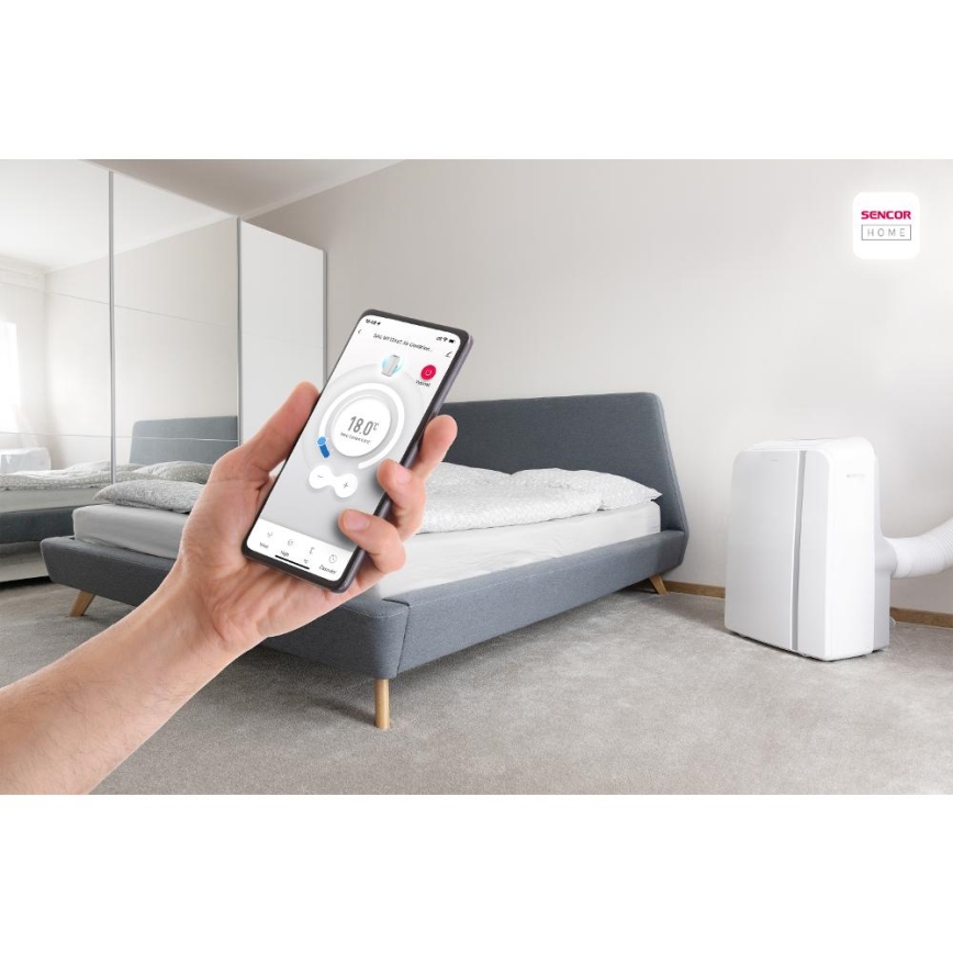 Sencor - Nutikas mobiilne konditsioneer 3-ühes, sh täielik tarvikutekomplekt 1450W/230V 12000 BTU Wi-Fi valge + kaugjuhtimispult