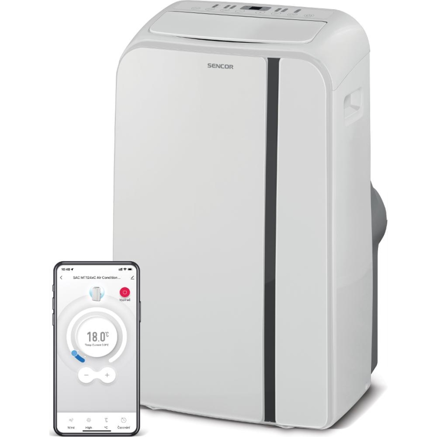 Sencor - Nutikas mobiilne konditsioneer 3-ühes, sh täielik tarvikutekomplekt 1450W/230V 12000 BTU Wi-Fi valge + kaugjuhtimispult