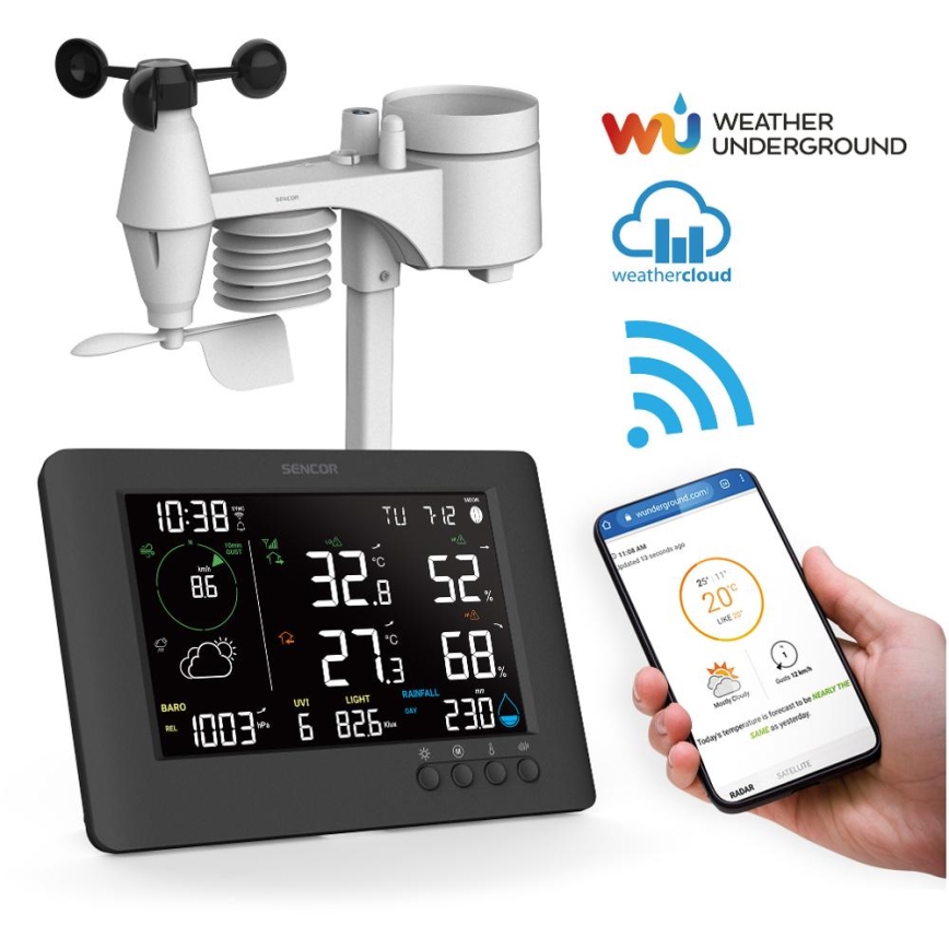 Sencor - Professionaalne ilmajaam värviline LCD ekraaniga ja äratuskell 5V/1xCR2032 + 3xAA Wi-Fi