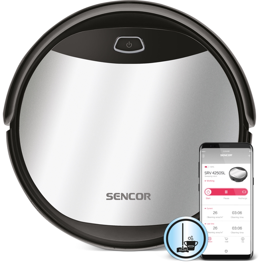 Sencor - Robottolmuimeja koos mopiga 2-ühes 25W 2600 mAh Wi-Fi must/hõbe + pult