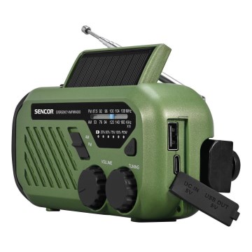 Sencor - telkimisraadio käepöörisega, päikesepaneeliga ja LED-taskulambiga 5V/2000 mAh IPX4 roheline