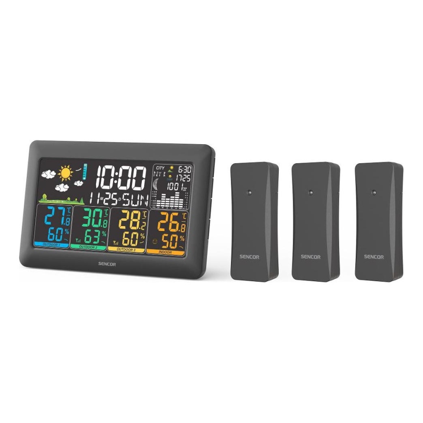 Sencor - Värvilise LCD-ekraaniga ilmajaam + 3 andurit 3xAA + 6xAA must
