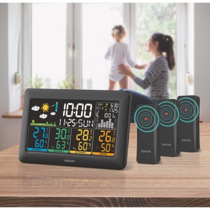 Sencor - Värvilise LCD-ekraaniga ilmajaam + 3 andurit 3xAA + 6xAA must