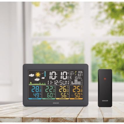 Sencor - Värvilise LCD-ekraaniga ilmajaam + 3 andurit 3xAA + 6xAA must