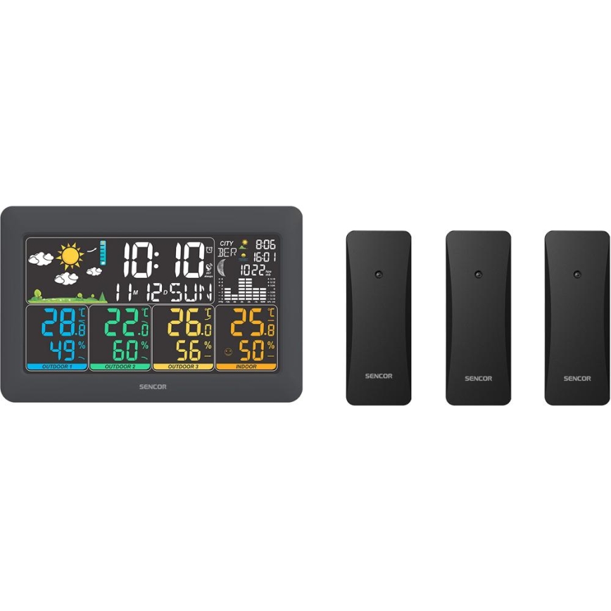 Sencor - Värvilise LCD-ekraaniga ilmajaam + 3 andurit 3xAA + 6xAA must