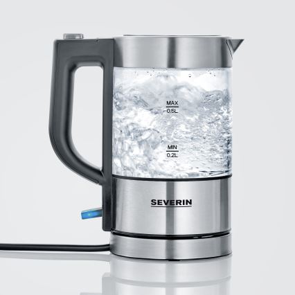 Severin WK 3472 - 0,5 l elektriline veekeetja, 1100 W/230 V, roostevaba teras/klaas