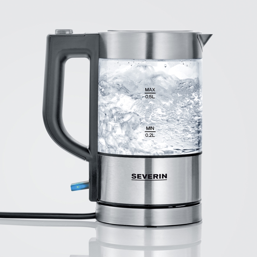 Severin WK 3472 - 0,5 l elektriline veekeetja, 1100 W/230 V, roostevaba teras/klaas